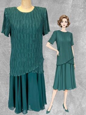 VINTAGE 80s forest spruce green formal dress midi short sleeve pleated wedding